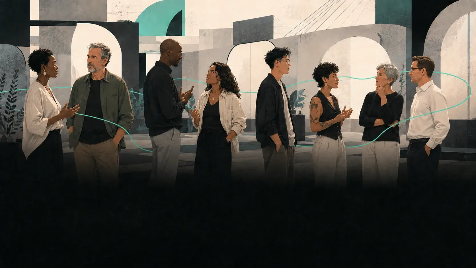 Ilustração de founders, empreendedores e profissionais conversando em rede, representando a comunidade ABC Founders